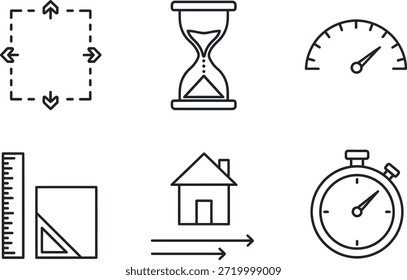Conjunto de iconos de línea simples que representan el tiempo y la medición