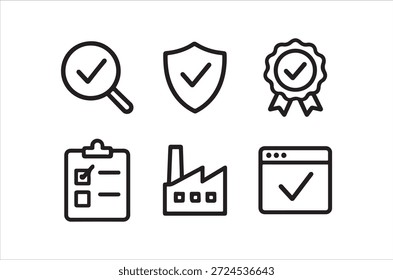 Un conjunto de iconos de línea simples que representan el control de calidad, la seguridad y los procesos industriales.