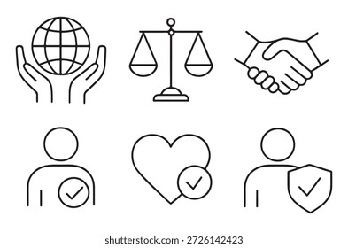 um conjunto de ícones de linha simples representando o cuidado e a confiança globais