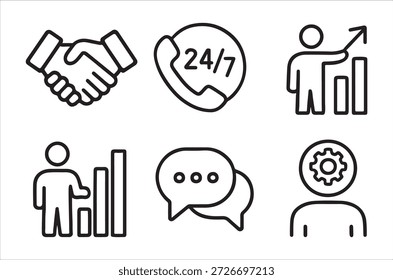 a set of simple line icons representing business and communication concepts