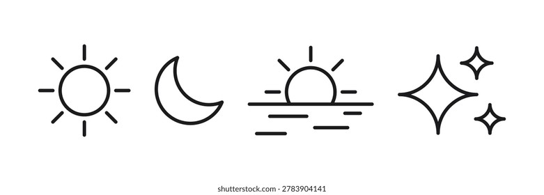 A set of simple line icons representing the sun, moon, sunrise over water, and sparkling stars