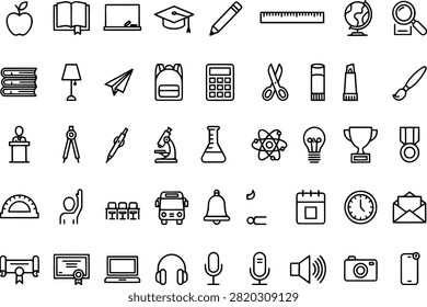 Set of simple line icons representing school supplies tools and academic achievements