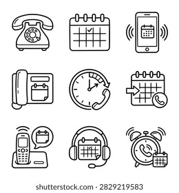 A set of simple line icons representing communication devices and scheduling tools like phones calendars and clocks