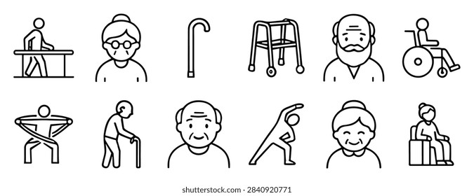 Set of simple line icons representing elderly people, mobility aids, exercise and rehabilitation activities on transparent background