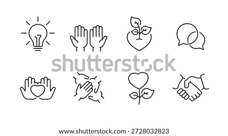 Set of simple line icons representing ideas, communication, charity, and nature