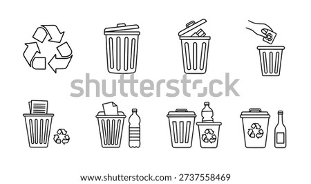 Set of simple line icons representing recycling and waste management