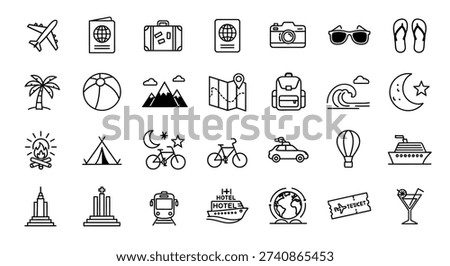 A set of simple line icons representing different aspects of travel and leisure activities.