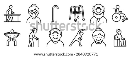 Set of simple line icons representing elderly people, mobility aids, exercise and rehabilitation activities on transparent background