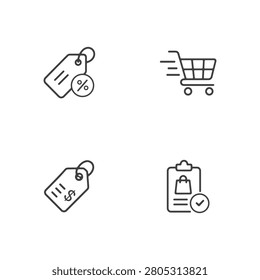 Set of simple line icons for shopping featuring a discount price tag, a moving shopping cart, a dollar price tag, and a completed order list on a clipboard