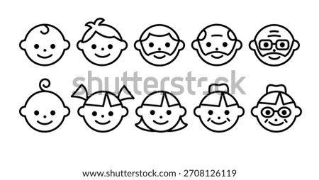 Set of simple line icons showing different age stages: baby, child, teenager, adult, and elderly people. Minimal outline faces representing various ages and generations.
