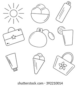 Set of simple line icons for summer holidays - ice cream, lotion, parfume, bag, sun,  cocktail