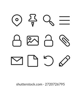 Un conjunto de iconos de línea simples para varias funciones, incluyendo navegación, seguridad y edición, diseñados para su uso en aplicaciones de Web y móviles.