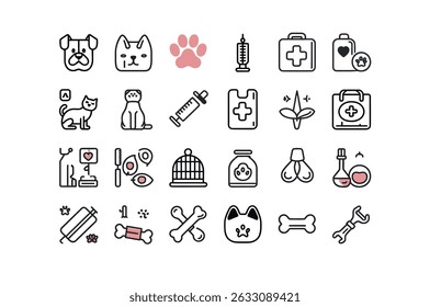 Conjunto de ícones de linha simples para cuidados veterinários e suprimentos para animais de estimação