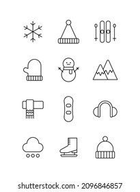 Set of simple line icons of winter season. Graphics of winter icons including snow, snowman, gloves, hat, skates and more.