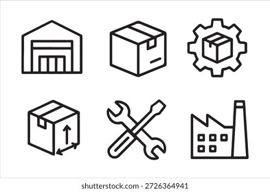 Um conjunto de logística de estilo de linha simples e ícones relacionados à indústria