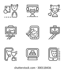 Set of simple line vector icons for cat selfie. Funny cat, friends, portrait, selfie stick, phone camera and other photo fun variations for website or mobile app