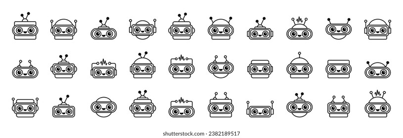 A set of simple linear black icons in flat style with cute robots with big eyes. Vector logo with chat bots made of simple shapes for mobile applications, web and games.