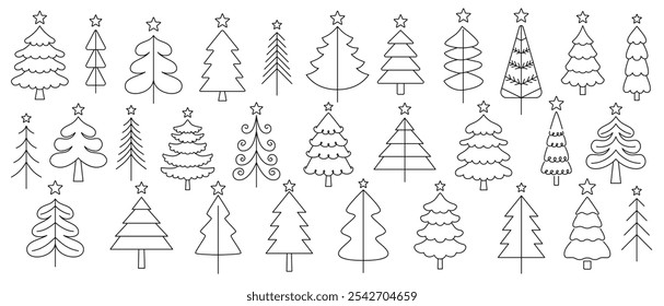 Set of simple linear Christmas trees with star. Vector illustration of icons with black thin outline for logo design, gift, tag, pendant, sticker, stamp, children's coloring on white background.