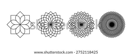 Set of simple linear flower icons isolated on white background. Floral spirograph shapes. Lotus or chrysanthemum petals top view. Simple mandala elements. Vector graphic illustration.