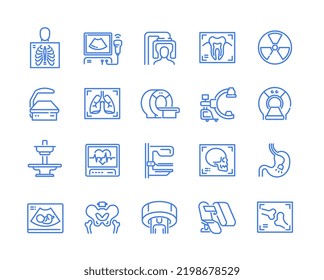 Set of simple linear icons of medical equipment. Modern technologies for diagnosis of various diseases. MRI, tomography, x ray, endoscopy. Cartoon flat vector collection isolated on white background