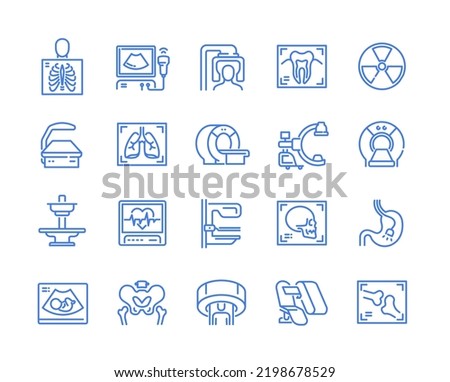 Set of simple linear icons of medical equipment. Modern technologies for diagnosis of various diseases. MRI, tomography, x ray, endoscopy. Cartoon flat vector collection isolated on white background