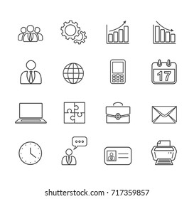 A set of simple linear icons on the topic: Business and Office. Contains such Icons as Clock, Diagram, Calendar, Businessman, Diplomat, Laptop and others.