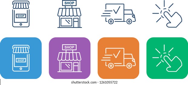 A set of simple linear icons online store, store delivery. Gift delivery. Store building as a symbol. And truck