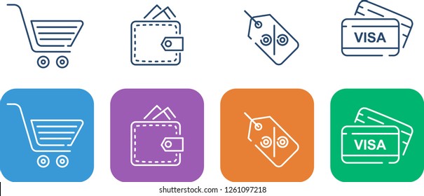 A set of simple linear icons for online store. order payment, online store, plastic bank visa card, wallet with money and a basket
