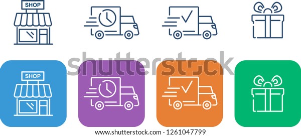 A set of\
simple linear icons online store, store delivery. Gift delivery.\
Store building as a symbol and\
truck