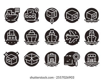 A set of simple linear icons representing various delivery methods and services, including trucks, boxes, packages, maps, and delivery personnel. 