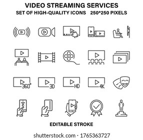 A set of simple linear icons for streaming video services and online cinemas. Vector illustration with editable stroke.
