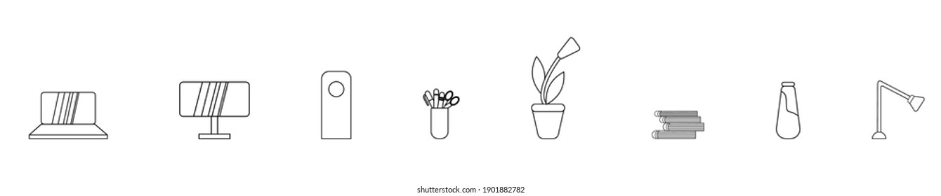 set of simple linear office accessories icons isolated on a white background. Vector line drawing of a computer, laptop, stationery, books, vases and lamps, a pot with a flower
