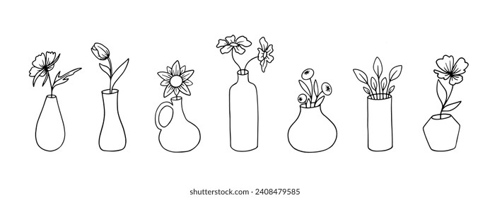A set of simple linear sketches of plants, flowers in vases. Vector graphics.
