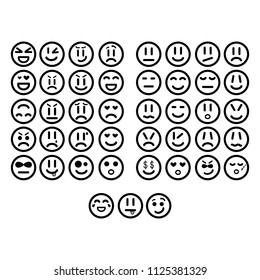 set of simple linear smiles with the image of different emotions. Round icons without fill. Set for instant messengers. Vector graphics