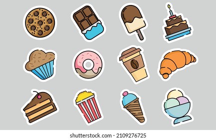 Set of simple and linear stickers, stickers, icons with sweets, desserts, coffee