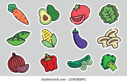 Set of simple and linear stickers, stickers, icons with vegetables