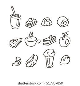 Set of simple linear symbol drawn by hand, doodle, breakfast coffee dessert, tea. A cup of tea, cake, pastry, bakery