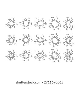 Un conjunto de Formas simples de arte lineal inspiradas en gérmenes y microorganismos. Contornos limpios, picos redondeados y detalles juguetones de garabatos, perfectos para temas científicos, pegatinas, páginas para colorear y decoraciones.
