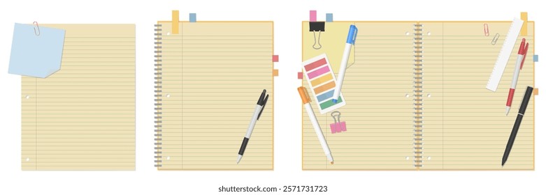 A Set of Simple Lined Loose-Leaf Paper, Spiral Notebook, and Stationery, Open Spread, 3-hole punched , Ring-bound notebook