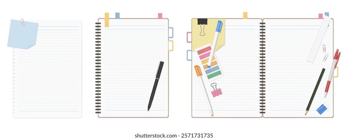 A Set of Simple Lined Loose-Leaf Paper, Spiral Notebook, and Stationery, Open Spread