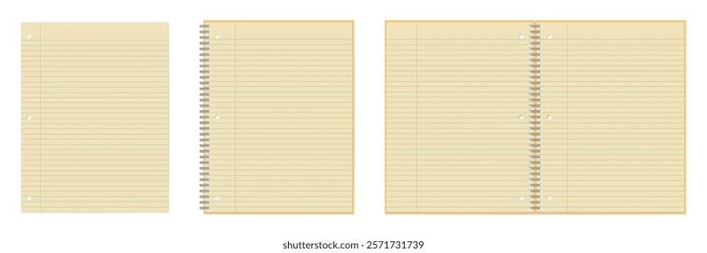 A Set of Simple Lined Loose-Leaf Paper, Spiral Notebook, Open Spread, 3-hole punched , Ring-bound notebook