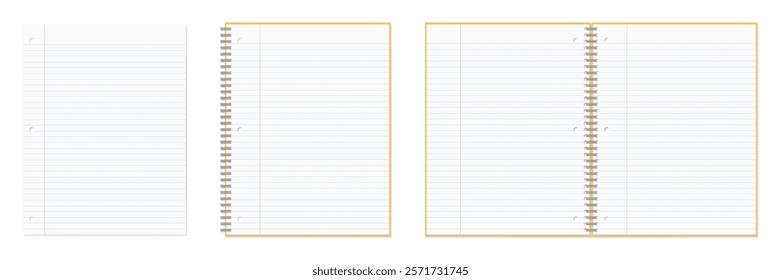 A Set of Simple Lined Loose-Leaf Paper, Spiral Notebook, Open Spread, 3-hole punched , Ring-bound notebook