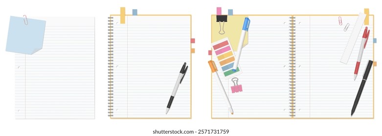 A Set of Simple Lined Loose-Leaf Paper, Spiral Notebook, and Stationery, Open Spread, 3-hole punched , Ring-bound notebook