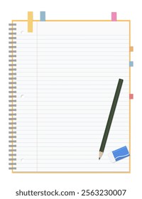 A Set of Simple Lined Notebook, Sticky Notes, Pencil, and Eraser, Spiral Notebook, 3-hole punched , Ring-bound notebook