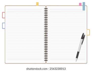 A Set of Simple Lined Notebook, Sticky Notes, and Ballpoint Pen, Spiral Notebook, Open Spread