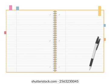 A Set of Simple Lined Notebook, Sticky Notes, and Ballpoint Pen, Spiral Notebook, Open Spread,3-hole punched , Ring-bound notebook