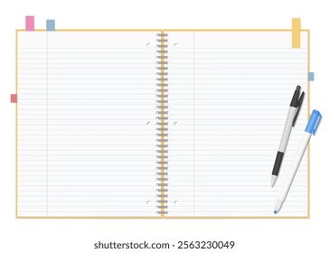 A Set of Simple Lined Notebook, Sticky Notes, Ballpoint Pen, and Highlighter, Spiral Notebook, Open Spread, 3-hole punched , Ring-bound notebook