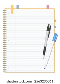 A Set of Simple Lined Notebook, Sticky Notes, Ballpoint Pen, and Highlighter, Spiral Notebook, 3-hole punched , Ring-bound notebook