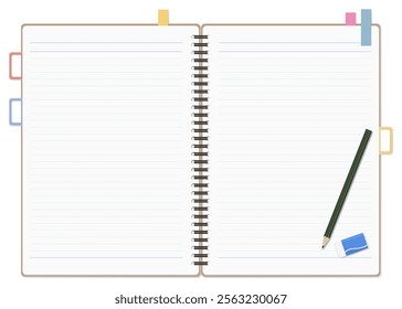 A Set of Simple Lined Notebook, Sticky Notes, Pencil, and Eraser, Spiral Notebook, Open Spread