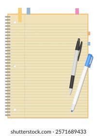 A Set of Simple Lined Notebook, Sticky Notes, Ballpoint Pen, and Highlighter, Spiral Notebook, 3-hole punched , Ring-bound notebook